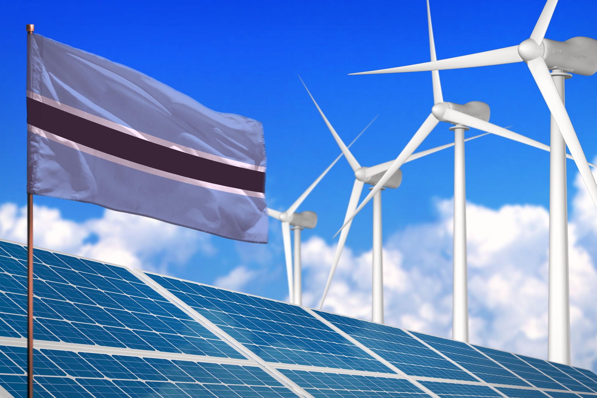 Botswana solar and wind energy, renewable energy concept with solar panels - renewable energy against global warming - industrial illustration, 3D illustration
