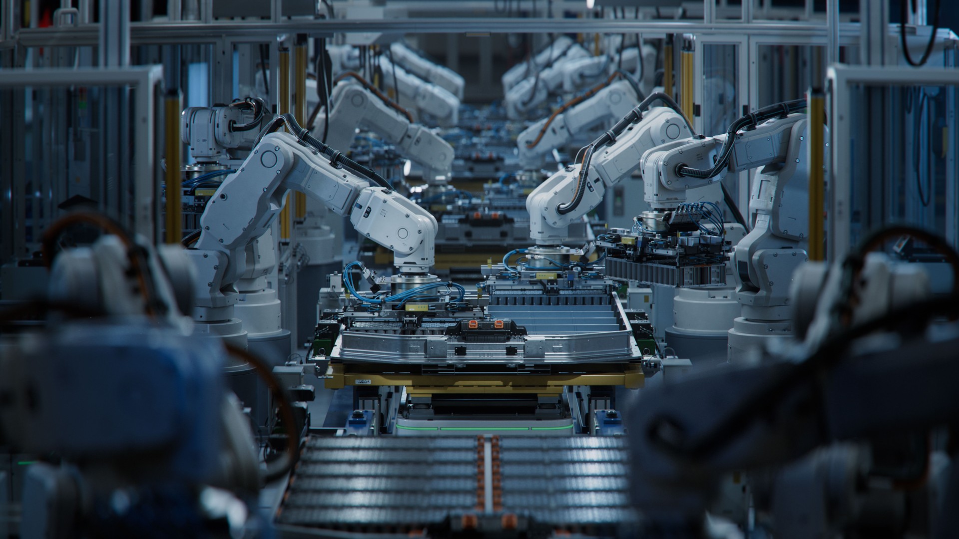 Row of White Robotic Arms at Automated Production Line at Factory. Electric Car Manufacturing Line. Industrial Robot Arms Assemble Lithium-Ion EV Battery Pack. Inside Automotive Smart Factory