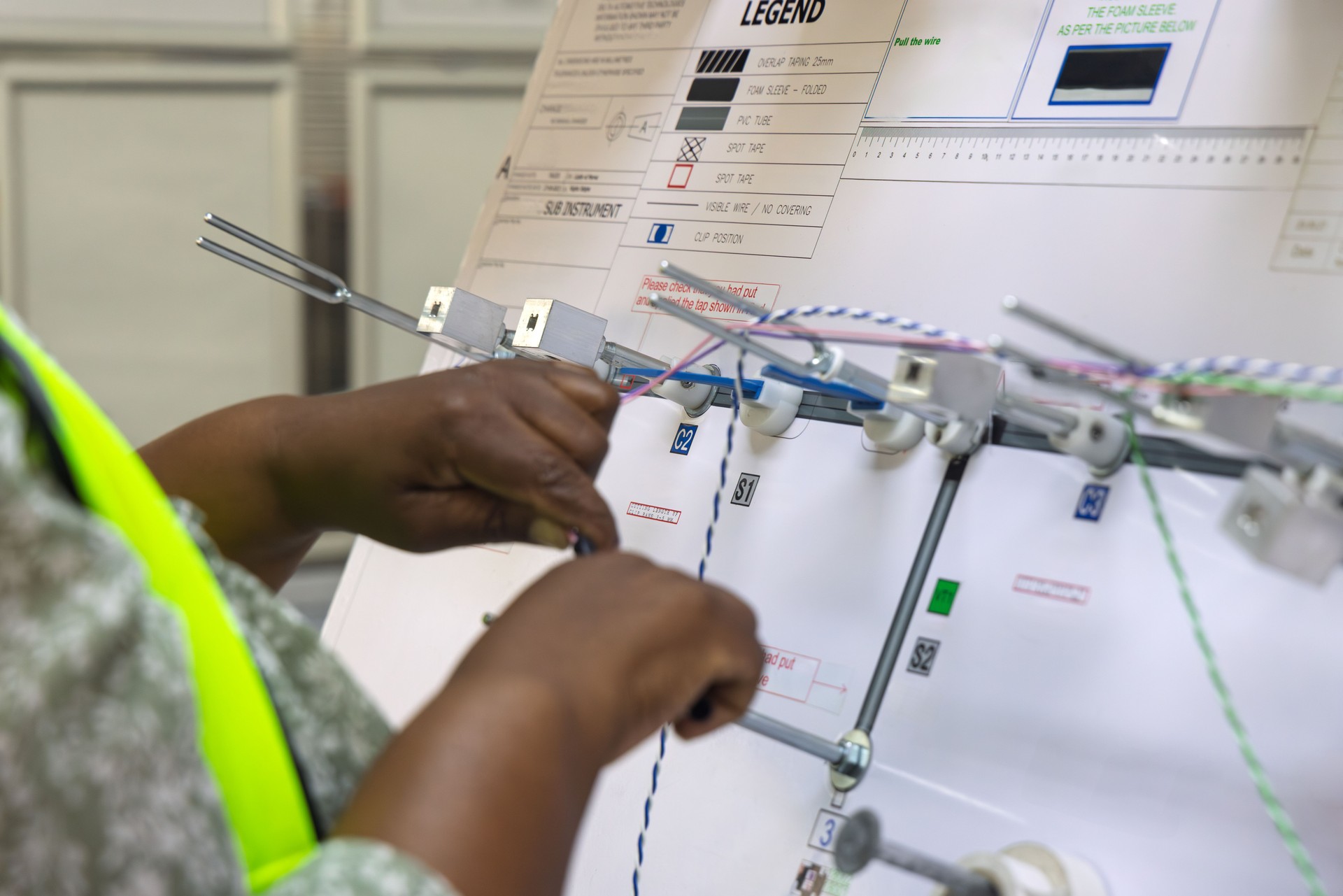 auto harness wiring factory panel, car electric harnesses factory ,panel board template model for stretching the wires, african american worker